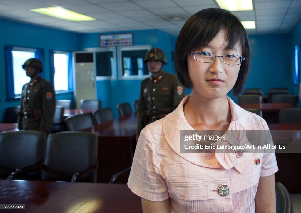 North Korean guide in the conference room of the United Nations on the demarcation line in the Demilitarized Zone, North Hwanghae Province, Panmunjom, North Korea...