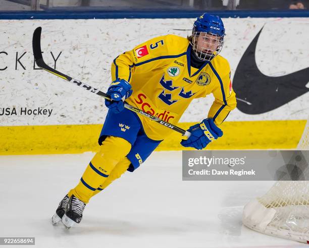 Adam Boqvist of the Sweden Nationals turns up ice against the Finland Nationals during the 2018 Under-18 Five Nations Tournament game at USA Hockey...