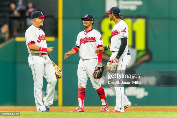 Giovanny Urshela Francisco Lindor and Erik Gonzalez of the Cleveland Indians celebrate after the Cleveland Indians win the game against the Toronto...