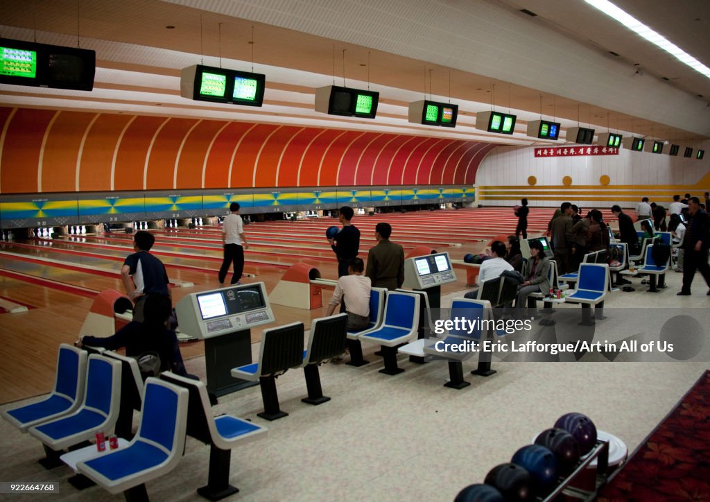North Korean people playing bowling, Pyongan Province, Pyongyang, North Korea...