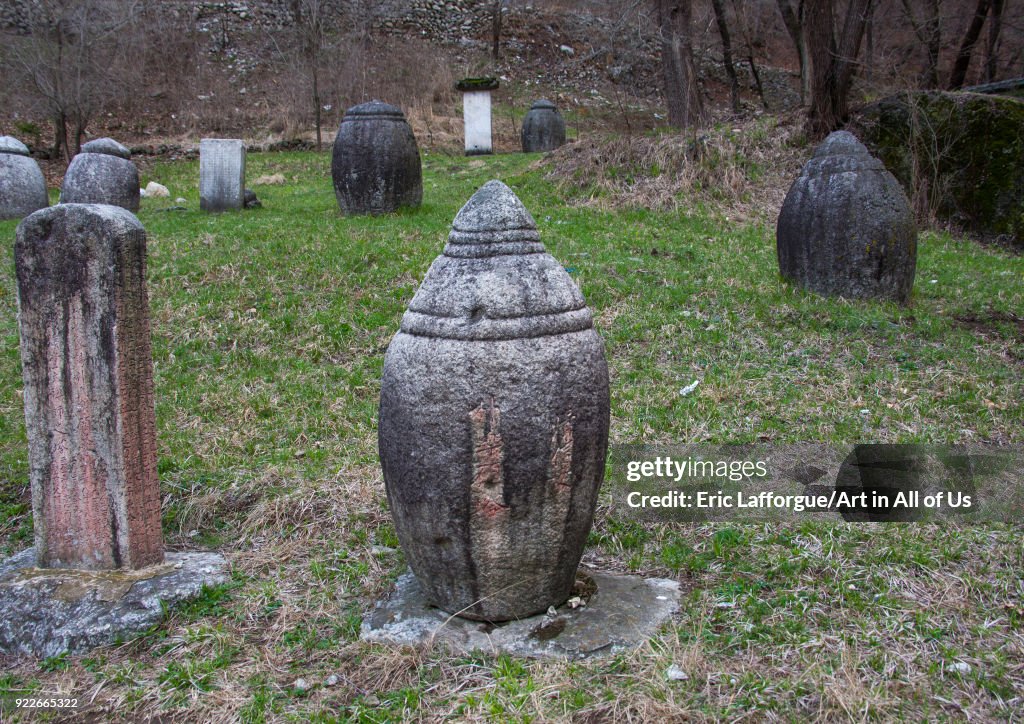 Funerary jars and steles for the monks in Pohyon temple, Hyangsan county, Mount Myohyang, North Korea...