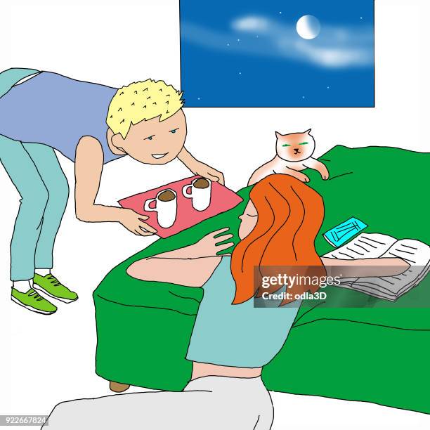 one helpful friend helping friend studious and tired - general view stock illustrations
