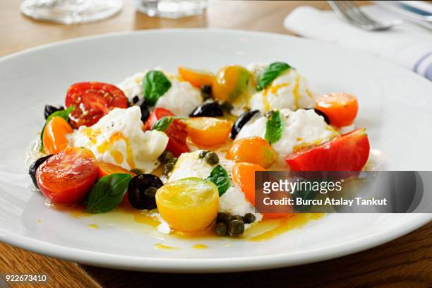 tomato salad with mozzarella cheese - caprese salad stock pictures, royalty-free photos & images