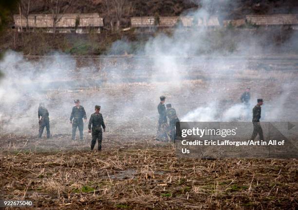 Slash and burn farming with North Korean soldiers, Pyongan Province, Pyongyang, North Korea on April 30, 2010 in Pyongyang, North Korea.