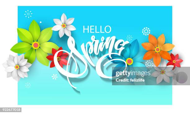 spring background with paper cutout flowers and lettering for your design of flyer, postcard, banners - banner flower stock illustrations