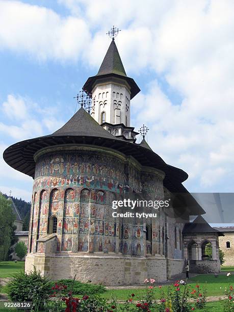 exterior painted monastery - bukovina stock pictures, royalty-free photos & images