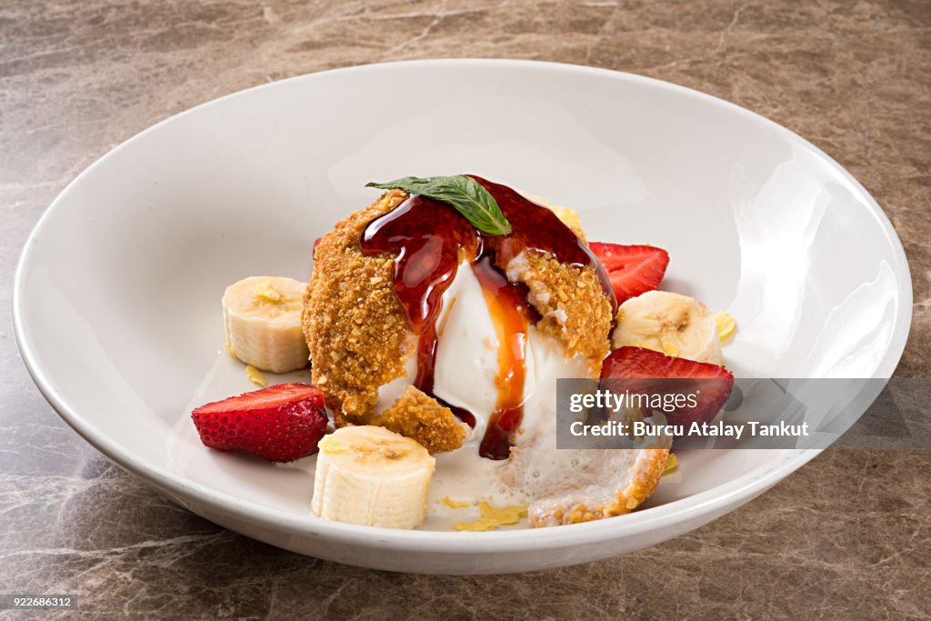 Fried Ice Cream with Banana and Strawberries