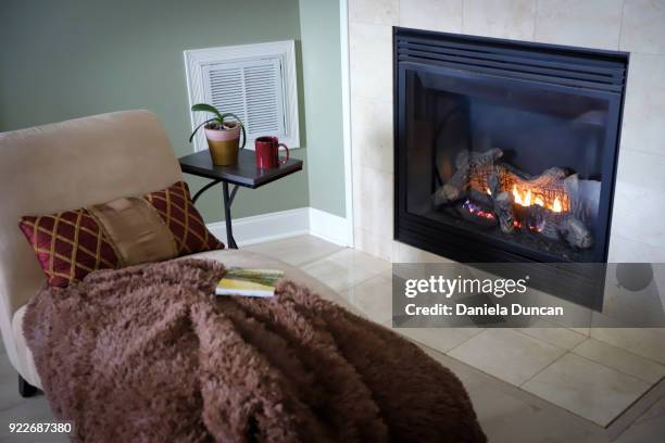 cozy reading by the fireplace - natural gas fireplace stock pictures, royalty-free photos & images
