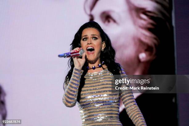 American musician Katy Perry performs on stage on the final day of the Democratic National Convention at the Wells Fargo Center, Philadelphia,...