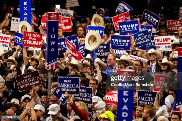 View of state delegates, many with signs, on the floor at the Republican National Convention in the Quicken Loans Arena, Cleveland, Ohio, July 21,...