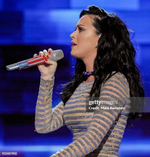 American musician Katy Perry performs on stage on the final day of the Democratic National Convention at the Wells Fargo Center, Philadelphia,...