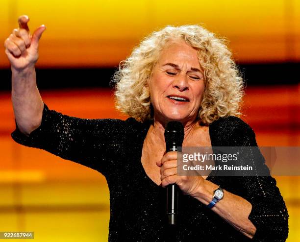 American musician Carole King performs on stage on the final day of the Democratic National Convention at the Wells Fargo Center, Philadelphia,...