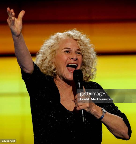 American musician Carole King performs on stage on the final day of the Democratic National Convention at the Wells Fargo Center, Philadelphia,...