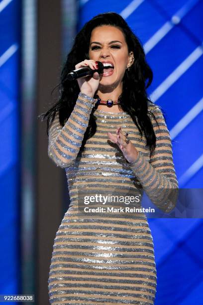 American musician Katy Perry performs on stage on the final day of the Democratic National Convention at the Wells Fargo Center, Philadelphia,...