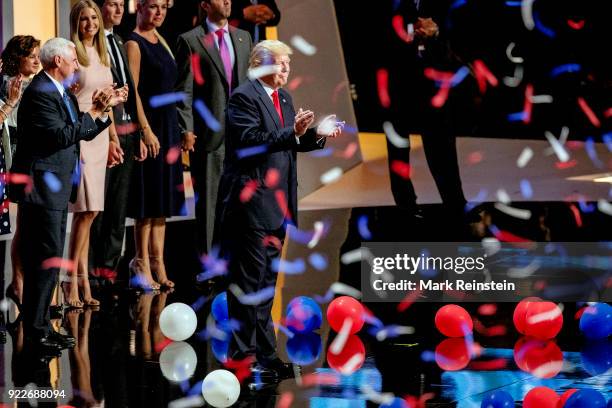 View of American real estate developer and presidential candidate Donald Trump and his running mate, Indiana Governor and vice-presidential candidate...