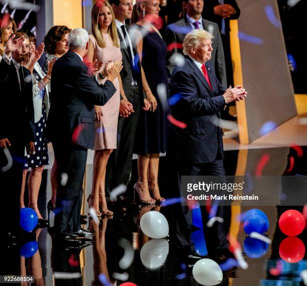 View of American real estate developer and presidential candidate Donald Trump and his running mate, Indiana Governor and vice-presidential candidate...