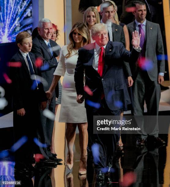 View of American real estate developer and presidential candidate Donald Trump , his wife, former model Melania Trump , and his running mate, Indiana...