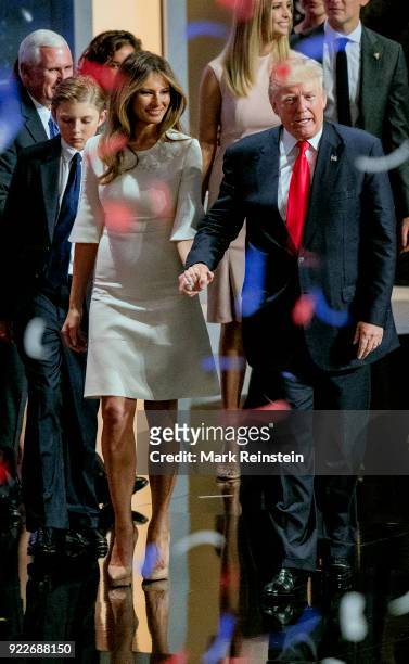 View of American real estate developer and presidential candidate Donald Trump , his wife, former model Melania Trump , during the Republican...