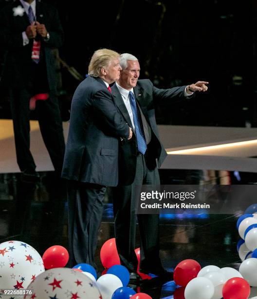 View of American real estate developer and presidential candidate Donald Trump and Indiana Governor & vice-presidential candidate Mike Pence on stage...
