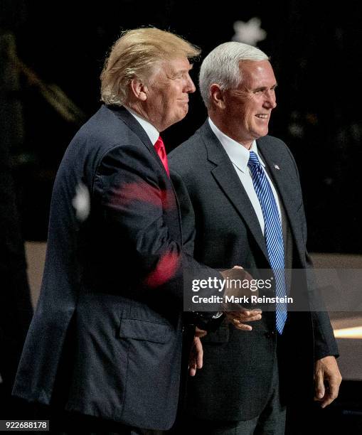 View of American real estate developer and presidential candidate Donald Trump and Indiana Governor & vice-presidential candidate Mike Pence on stage...