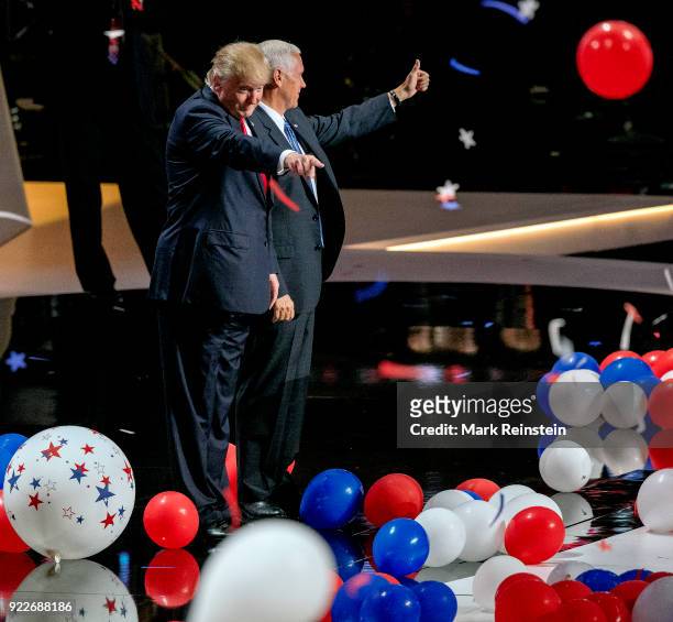 View of American real estate developer and presidential candidate Donald Trump and Indiana Governor & vice-presidential candidate Mike Pence on stage...