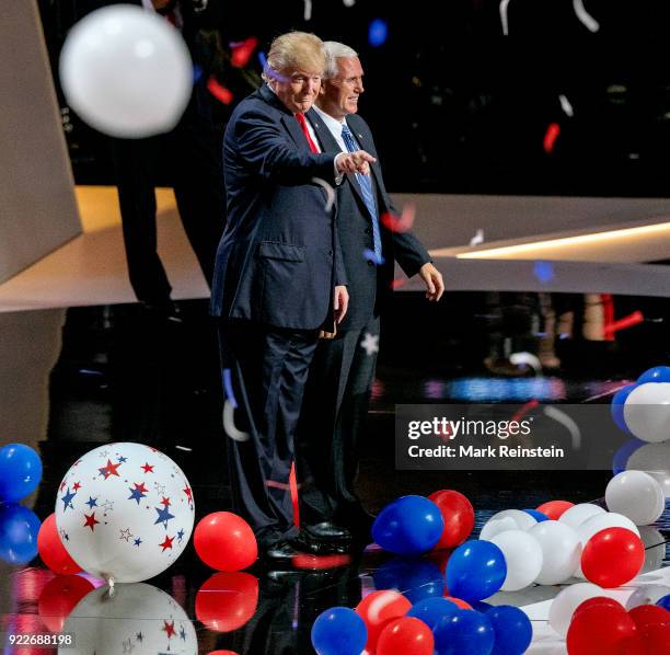 View of American real estate developer and presidential candidate Donald Trump and Indiana Governor & vice-presidential candidate Mike Pence on stage...