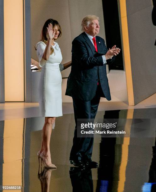 View of former model Melania Trump and her husband, real estate developer and presidential candidate Donald Trump, on stage on the final day of the...