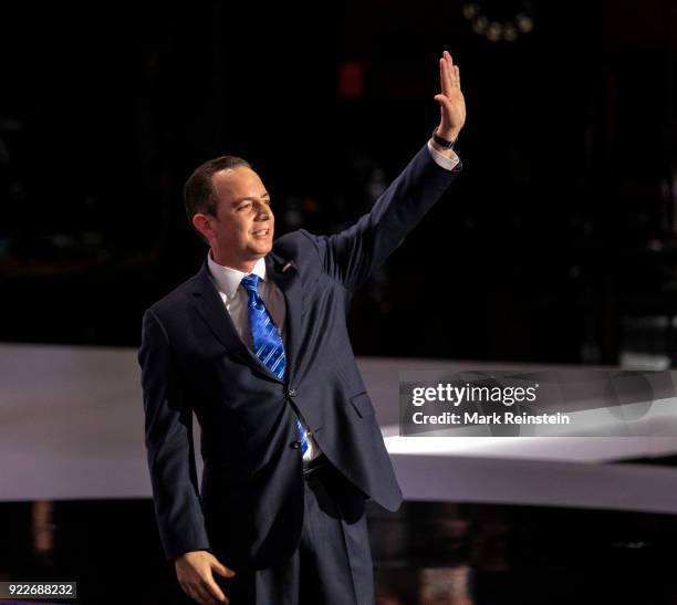 View of Republican National Committee chairman Reince Priebus as he speaks from the podium during the Republican National Convention on its final day...