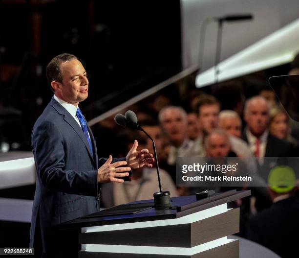 View of Republican National Committee chairman Reince Priebus as he speaks from the podium during the Republican National Convention on its final day...
