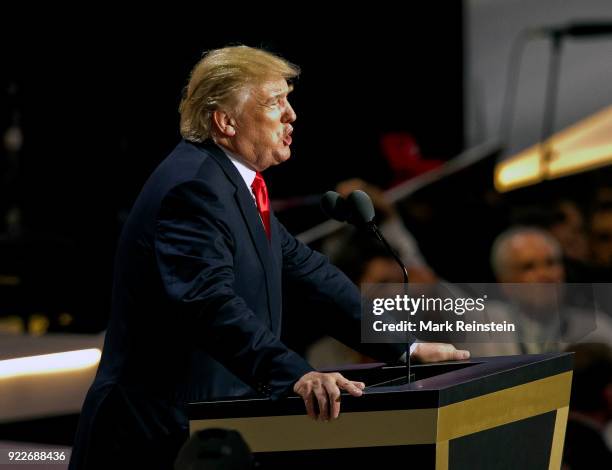 View of American real estate developer and presidential candidate Donald Trump at a podium as he addresses the Republican National Convention on its...