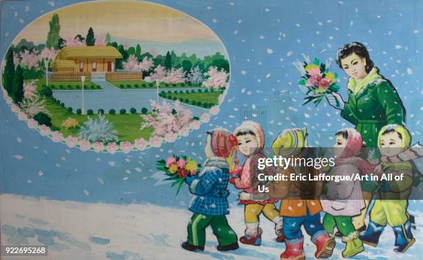 Propaganda poster depicting North Korean children visiting Kim il Sung native house, Pyongan Province, Pyongyang, North Korea on May 10, 2010 in...