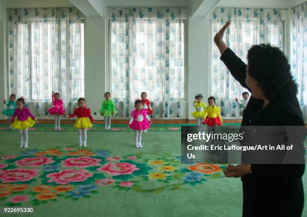 North Korean ballet dancers children in Kim Jong suk school with their teacher, Pyongan Province, Pyongyang, North Korea on May 10, 2010 in...