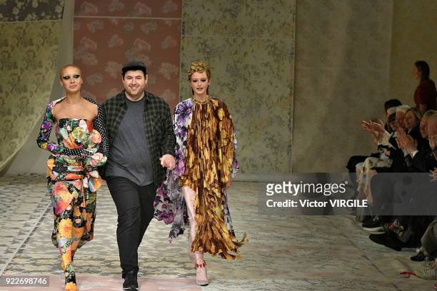 Adwoa Aboah and Richard Quinn walk the runway at the Richard Quinn Ready to Wear Fall/Winter 2018-2019 fashion show during London Fashion Week...