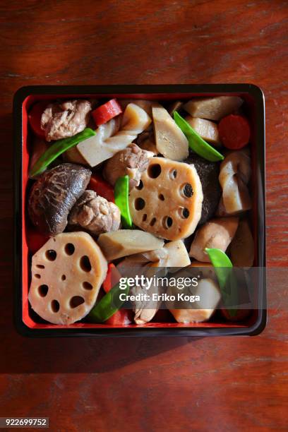 japanese traditional new year's food called osechi - chikuzenni stock pictures, royalty-free photos & images