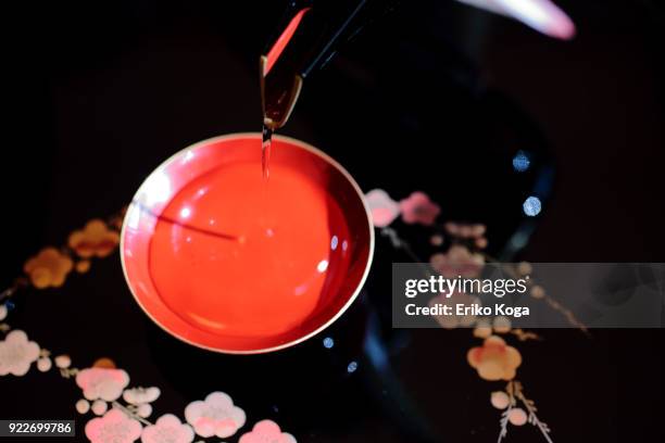man pouring new year's spiced sake called otoso - japanse abrikoos stockfoto's en -beelden