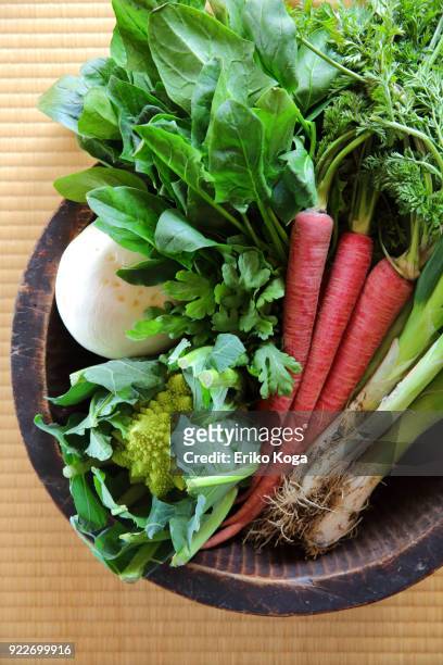 winter vegetables of kyoto in wooden bowl - scallion brush stock pictures, royalty-free photos & images