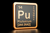 Plutonium Pu, chemical element. 3D rendering isolated on black background