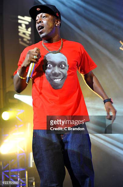 Dizzee Rascal performs on stage at Brixton Academy on October 22, 2009 in London, England.