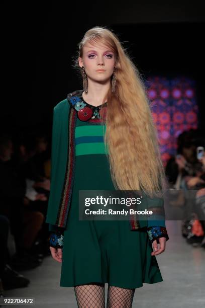 Model walks the runway during the Anna Sui fashion show; February 2018 - New York Fashion Week: The Shows at Gallery I at Spring Studios on February...