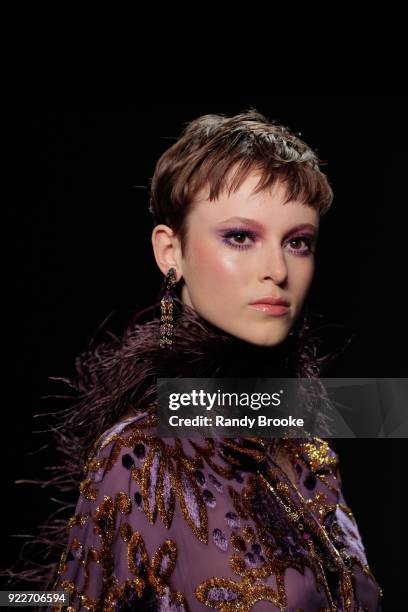 Model walks the runway during the Anna Sui fashion show; February 2018 - New York Fashion Week: The Shows at Gallery I at Spring Studios on February...