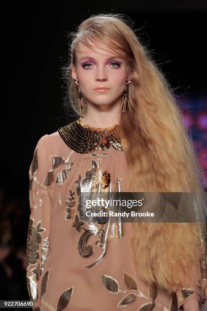 Model walks the runway during the Anna Sui fashion show; February 2018 - New York Fashion Week: The Shows at Gallery I at Spring Studios on February...