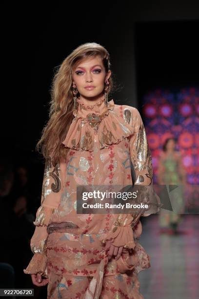 Gigi Hadid walks the runway during the Anna Sui fashion show; February 2018 - New York Fashion Week: The Shows at Gallery I at Spring Studios on...