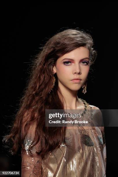 Model walks the runway during the Anna Sui fashion show; February 2018 - New York Fashion Week: The Shows at Gallery I at Spring Studios on February...