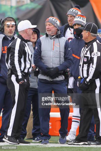 Head Coach John Fox of the Chicago Bears argues with officials during the game against the Cincinnati Bengals at Paul Brown Stadium on December 10,...