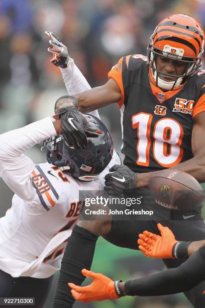 Green of the Cincinnati Bengals battles for the football with Joshua Bellamy of the Chicago Bears during their game at Paul Brown Stadium on December...