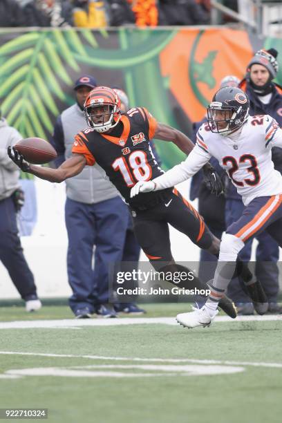 Green of the Cincinnati Bengals battles for the football against Kyle Fuller of the Chicago Bears during their game at Paul Brown Stadium on December...