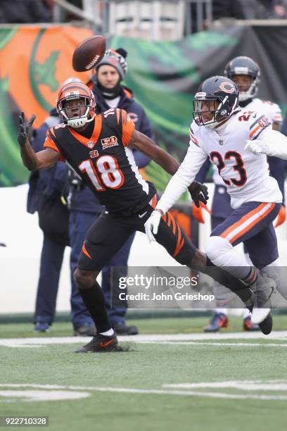 Green of the Cincinnati Bengals battles for the football against Kyle Fuller of the Chicago Bears during their game at Paul Brown Stadium on December...