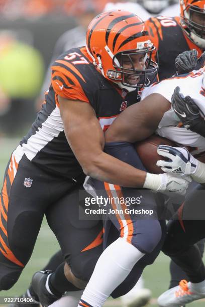 Vincent Rey of the Cincinnati Bengals makes the tackle on Jordan Howard of the Chicago Bears during their game at Paul Brown Stadium on December 10,...