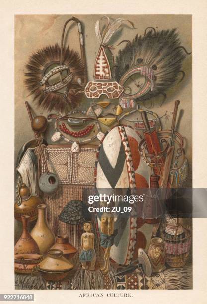 east african culture devices and products, lithograph, published in 1897 - souvenir mug stock illustrations