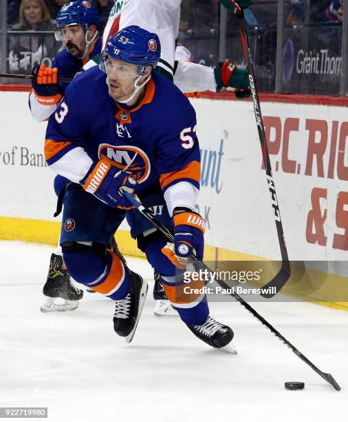 Casey Cizikas of the New York Islanders skates in an NHL hockey game against the Minnesota Wild at Barclays Center on February 19, 2018 in the...